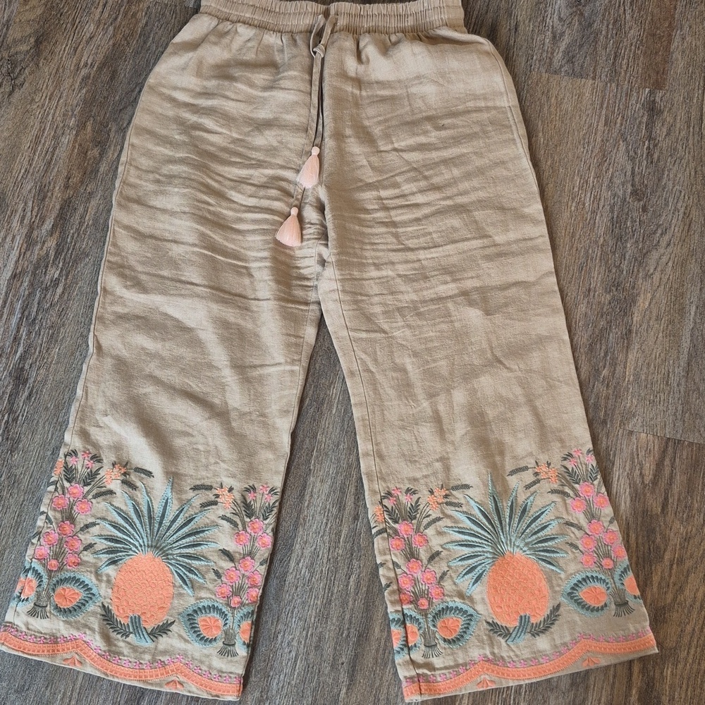 Spartina 449 Tan Elastic Waist Linen Embroidered Pants EUC Sz Small